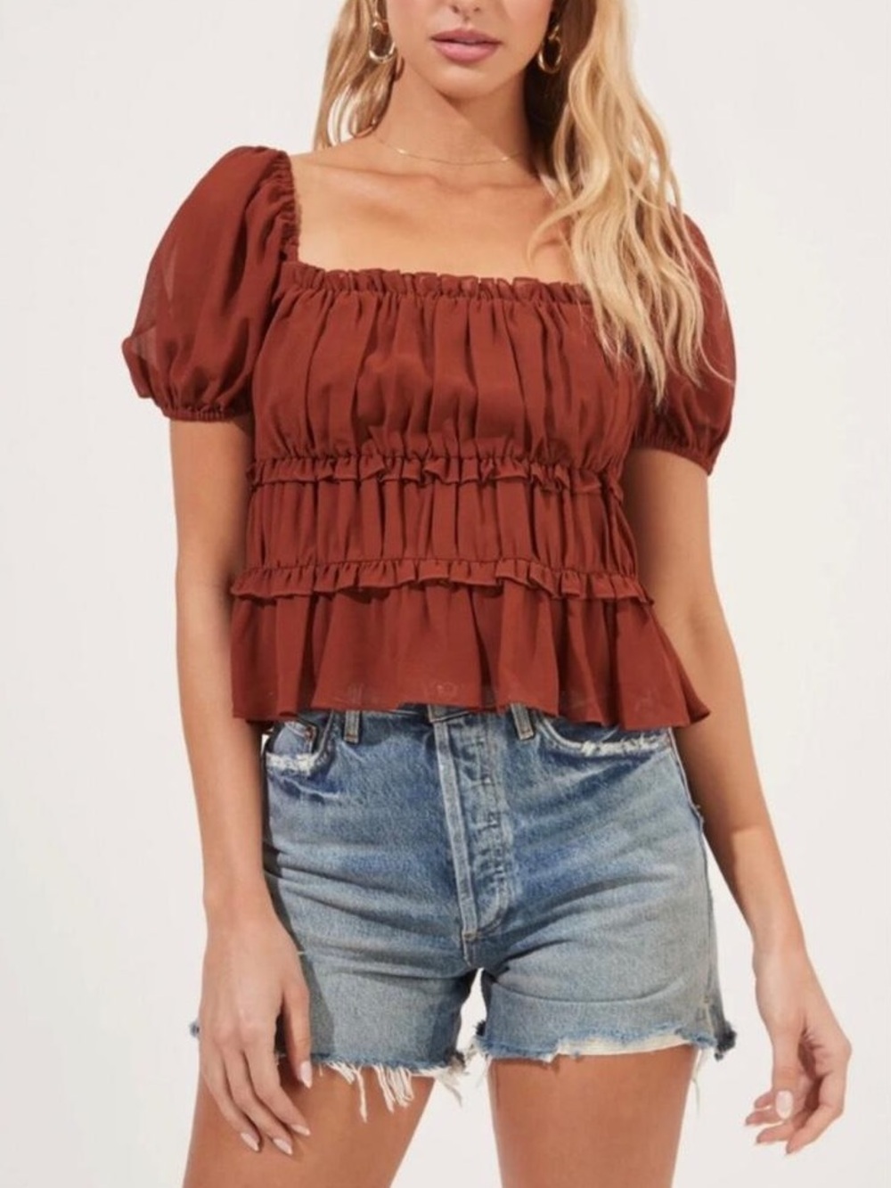 Astr Rust Tiered Peasant Blouse with Puff Sleeves